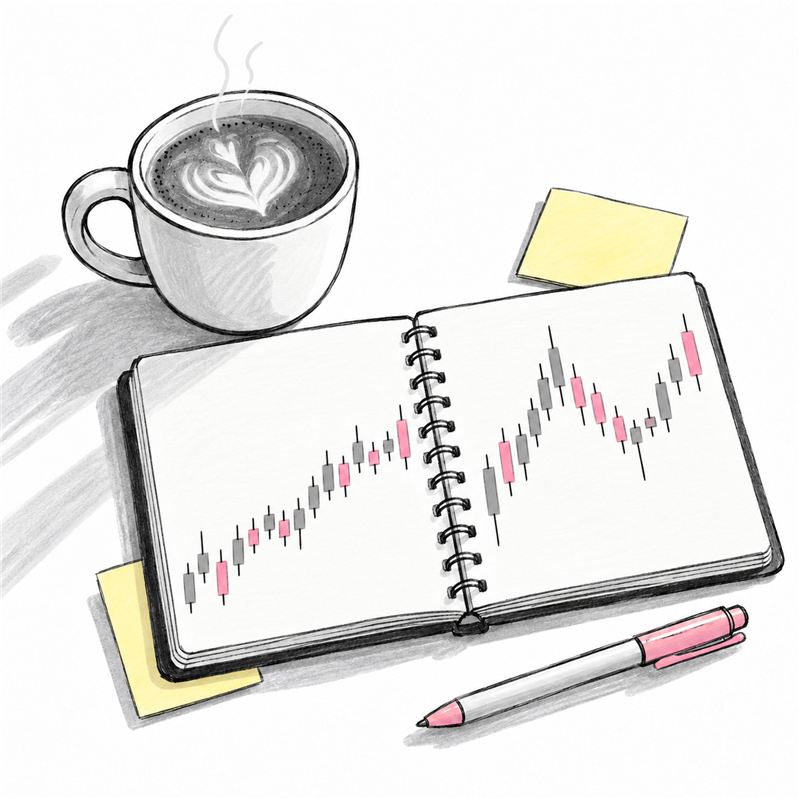 Illustration of coffee beside a notebook of charts