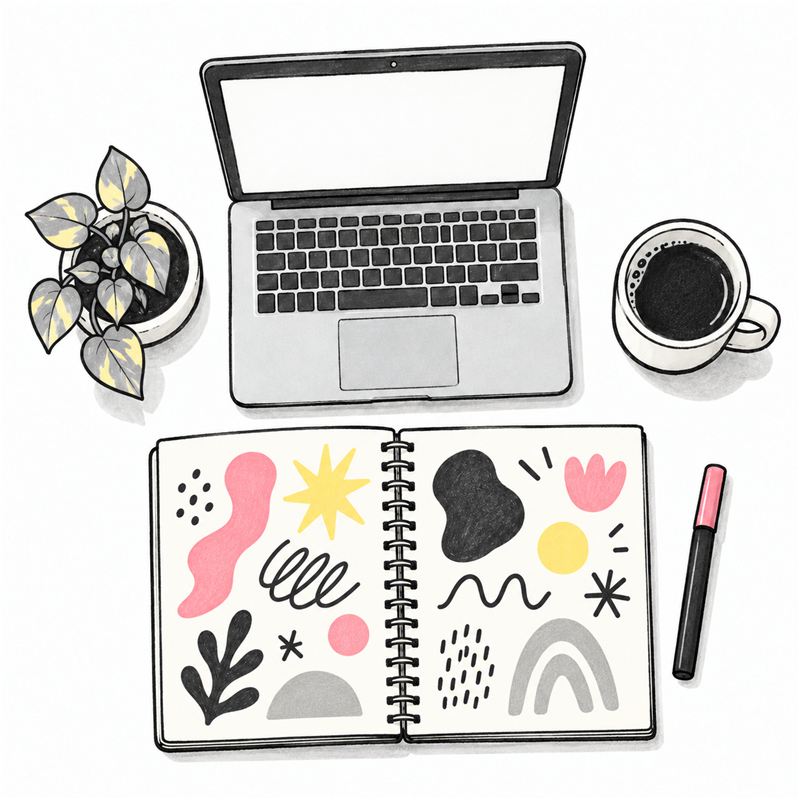 Illustration of a desk with a laptop and sketchbook