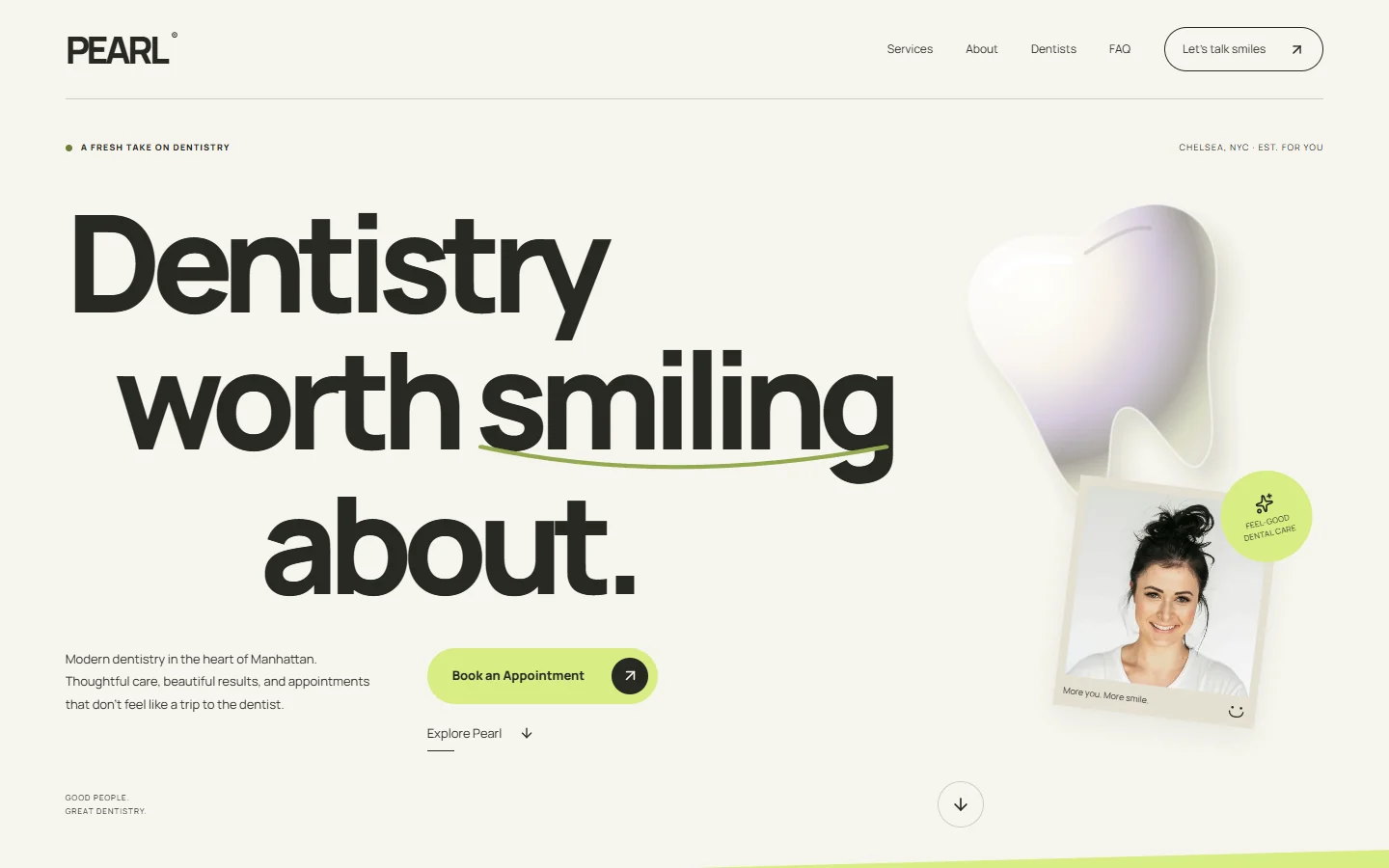 The finished Pearl Dental Studio homepage: a large headline reading Dentistry worth smiling about, a glossy tooth, and a smiling patient in a Polaroid frame.